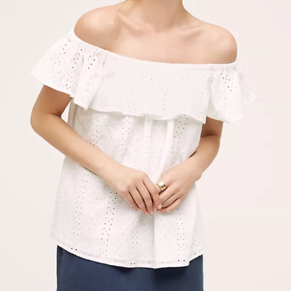 Eyelet off shoulder Top, 100% cotton Size L White